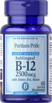 Puritan's Pride Sublingual Vitamin B-12 2500 mcg Вітамін B-12 сублінгвальний з фолієвою кислотою, вітаміном B-6 та біотином 60 мікрольодяників 880678 фото
