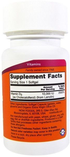 Now Foods Vitamin D-3 10,000 IU Softgels 120 caps 463957 фото
