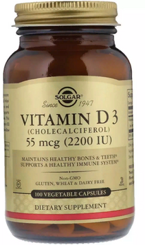 Solgar Vitamin D3, 55 mcg (2200 IU), 100 Vegetable Capsules (SOL03317) 685947 фото