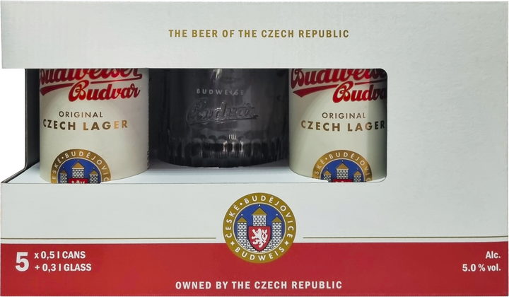 Подарунковий набір пива Budweiser Budvar Original Czech Lager 5% 5х0.5 л + келих 0.3 л (8594403706376) 1315313 фото