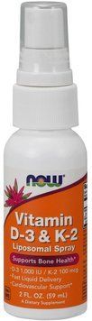 NOW Foods Vitamin D-3 & K-2 Liposomal Spray D-3 1,000 IU / K-2 100 mcg 2 fl oz (59 ml) Витамин D3 / K2 523605 фото