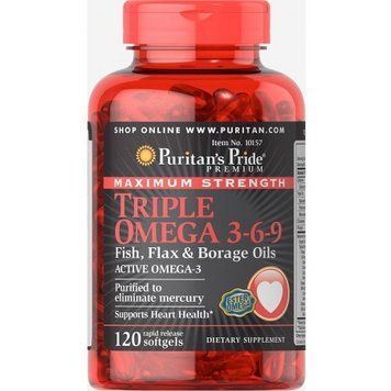 Puritan's Pride Maximum Strength Triple Omega 3-6-9 Fish, Flax & Borage Oils 120 caps 384194 фото