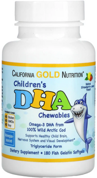 California Gold Nutrition Children's DHA Chewables Детские жевательные таблетки с ДГК клубнично-лимонный вкус 180 мягких желатиновых капсул 1052408 фото