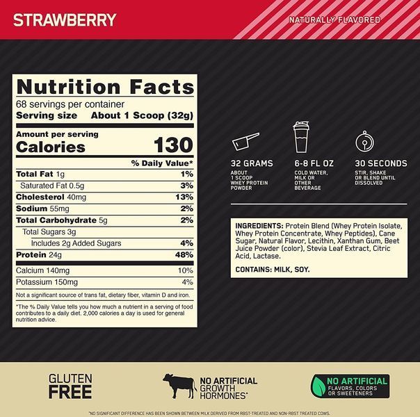 Протеїн Optimum Nutrition 100% Naturally Flavored Whey Gold Standard 2170 g / 68 servings / Strawberry 386287 фото