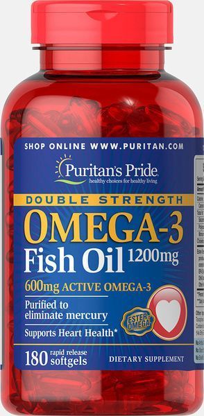 Puritan's Pride Double Strength Omega-3 Fish Oil 1200 mg/600 mg Omega-3 180 Softgels 384199 фото