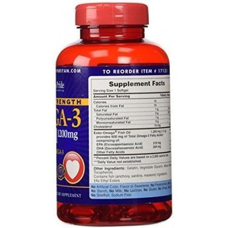 Puritan's Pride Double Strength Omega-3 Fish Oil 1200 mg/600 mg Omega-3 180 Softgels 384199 фото