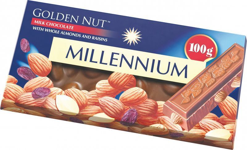 Шоколад Millennium Golden Nut молочний з цілим мигдалем та ізюмом 100 г (4820240031529) 1175502 фото