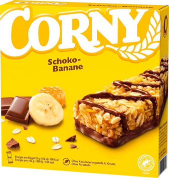 Упаковка злакових батончиків Corny з бананом у молочному шоколаді 6х25 г (4011800520427) 1299193 фото