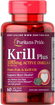 Puritan's Pride Krill Oil Plus High Omega-3 Concentrate 1085 mg Масло криля 60 гелевих капсул 776738 фото