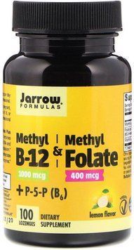 Jarrow Formulas Methyl B-12 & Methyl Folate 1,000 mcg / 400 mcg 100 Lozenges Lemon Flavor Метілфолат і метил B-12 534516 фото