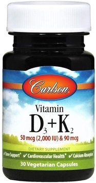Carlson Labs Vitamin D3 + K2, 50 mcg (2000 IU) + 90 mcg, 30 Vegetarian Capsules (CAR-10600) 659859 фото