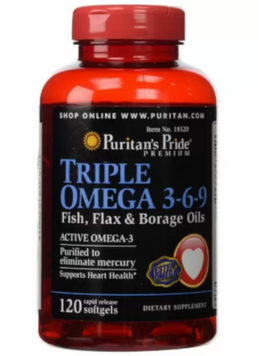 Puritan's Pride Triple Omega 3-6-9, Омега 3-6-9 масло льна огуречника и рыбы 120 гелевых капсул 831905 фото