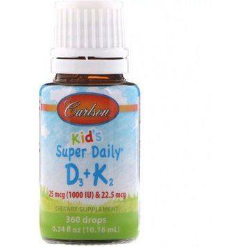 Carlson Labs Kids Super Daily D3+K2 25 mcg (1,000 IU) & 22.5 mcg 0.34 fl oz (10.16 ml) Витамины D3 + K2 для детей 533247 фото