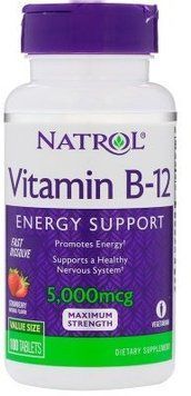 Natrol Vitamin B-12 5000 mcg 100 Tabs Strawberry Flavor Вітамін В12 зі смаком полуниці 552442 фото