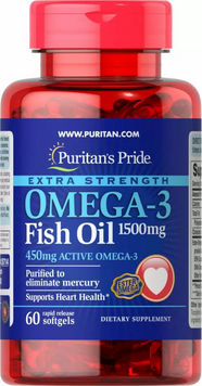 Puritan's Pride Extra Strength Omega-3 Fish Oil 1500 mg Омега-3 рыбий жир 60 гелевых капсул 774573 фото