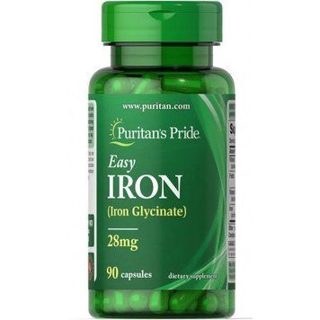 Puritan's Pride Easy Iron 28 mg (Iron Glycinate) 90 caps Легкое железо 28 мг (глицинат железа) 519226 фото