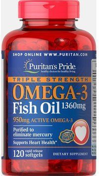 Puritan's Pride Triple Strength Omega-3 Fish Oil 1360 mg (950 mg Active Omega-3) 120 softgels Омега-3 тройной силы 519286 фото