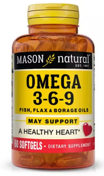 Mason Natural Omega 3-6-9 1200 mg Fish, Flax & Borage Oils Тройная Омега 3-6-9 1200 мг масло рыбы льна и огуречника 60 гелевых капсул 1118717 фото