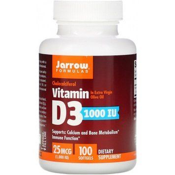 Jarrow Formulas Vitamin D3, Cholecalciferol, 25 mcg (1.000 IU), 100 Softgels (JRW30003) 685919 фото