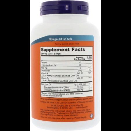 Now Foods Cod Liver Oil 1.000 mg Риб'ячий жир з печінки тріски 180 гелевих капсул 827412 фото