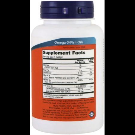 Now Foods Cod Liver Oil 1.000 mg Рыбий жир из печени трески 90 гелевых капсул 827413 фото