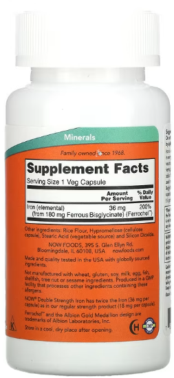 NOW Foods Iron 36 mg Double Strength 90 veg caps 416652 фото