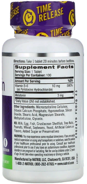 Natrol Melatonin, Time Release, 3 mg, 100 Tablets (NTL-00458) 722141 фото