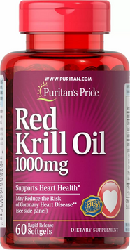 Puritan's Pride Red Krill Oil тисячі mg Масло червоного криля 60 гелевих капсул 776273 фото