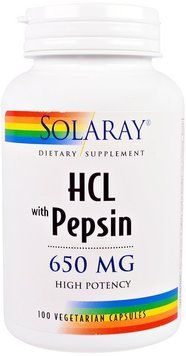 Solaray, HCL with Pepsin, 650 mg, 100 Vegetarian Capsules (SOR-04814) 607559 фото