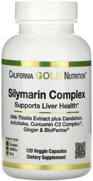 California Gold Nutrition, Silymarin Complex, Liver Health, Milk Thistle, Curcumin, Artichoke, Dandelion, Ginger, Black Pepper, 300 mg, 120 Veggie Caps (CGN00956) 687748 фото