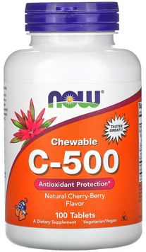 NOW Foods Chewable C-500 Вітамін С жувальний зі смаком вишні та ягід 100 таблеток 928676 фото