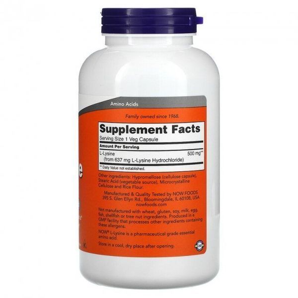 Аминокислота для спорта NOW Foods L-Lysine 500 mg Capsules 250 Veg caps 416266 фото