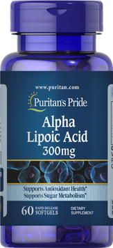 Puritan's Pride Alpha Lipoic Acid 300 mg Альфа-ліпоєва кислота 60 гелевих капсул 774245 фото