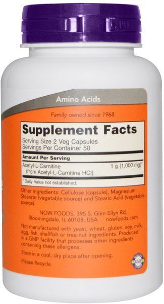 Now Foods Acetyl-L-Carnitine 500 mg Veg Capsules 100 caps 416256 фото