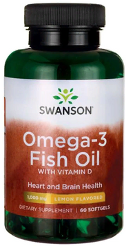 Swanson, Omega-3 Fish Oil with Vitamin D 1000 mg Lemon 60 sgels (SWA-11309) 608064 фото