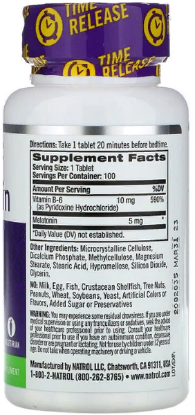 Natrol Melatonin, Time Release, Extra Strength, 5 mg, 100 Tablets (NTL-04837) 722211 фото
