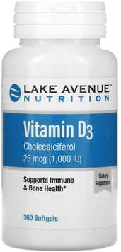 Lake Avenue Nutrition Vitamin D3 Витамин Д3 1000 МЕ 360 мягких желатиновых капсул 1044459 фото