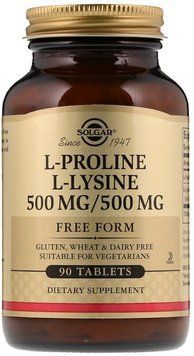 Solgar L-Proline/L-Lysine, Free Form, 500mg/500 mg, 90 Tablets 463587 фото