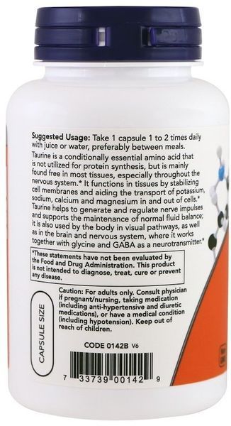 Now Foods Taurine, Double Strength, 1,000 mg, 100 Veg Capsules (NF0142) 634741 фото