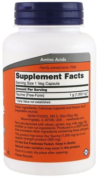 Now Foods Taurine, Double Strength, 1,000 mg, 100 Veg Capsules (NF0142) 634741 фото