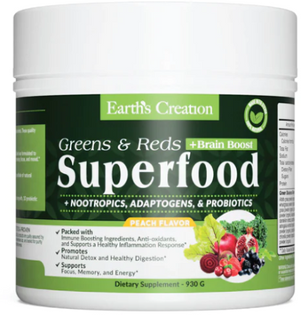 Earth&lsquo;s Creation Superfoods Greens and Reds Зеленые и красные суперпродукты для мозговой активности 537 г вкус персик 1138747 фото