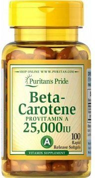 Puritan's Pride Beta-Carotene 25.000 IU Бета каротин 100 гелевих капсул 775729 фото
