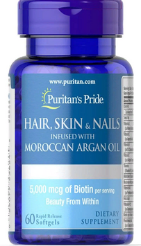 Puritans Pride Hair Skin Nails infused with Moroccan Argan Oil Формула для волосся, шкіри і нігтів з марокканським аргановою олією 60 гелевих капсул 808912 фото