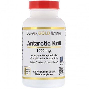California Gold Nutrition Antarctic Krill Oil Omega-3 Масло антарктического криля 1000 мг вкус клубники и лимона 120 желатиновых капсул 1117182 фото