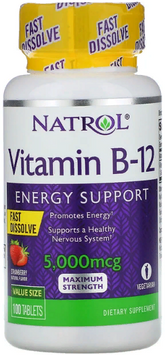 Natrol Vitamin B-12, Fast Dissolve, Maximum Strength, Strawberry, 5.000 mcg, 100 Tablets (NTL-06672) 722226 фото