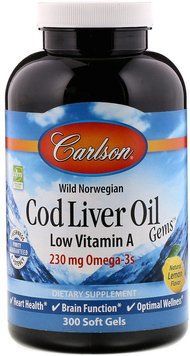 Carlson Labs Wild Norwegian, Cod Liver Oil Gems, Low Vitamin A, Natural Lemon Flavor, 300 Soft Gels (CAR-01393) 654357 фото