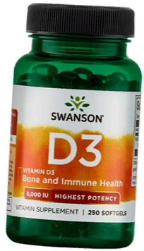 Swanson, Vitamine D3 Hignest 5000IU (125mcg) 250 sgels (SWA-11371) 608375 фото
