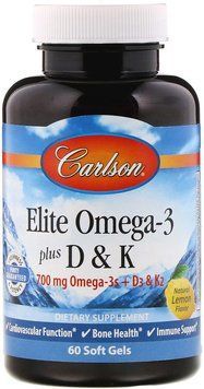 Carlson Labs Elite Omega-3 Plus D And K, Natural Lemon Flavor, 60 Soft Gels (CAR-17510) 659855 фото