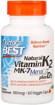 Doctor's Best, Natural Vitamin K2 MK-7 with MenaQ7 plus Vitamin D3, 180 mcg, 60 Veggie Caps (DRB-00404) 624098 фото