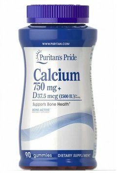 Puritan's Pride Calcium 750 mg + Vitamin D 1500 IU Кальций и витамин Д3 90 жевательных конфет 774750 фото